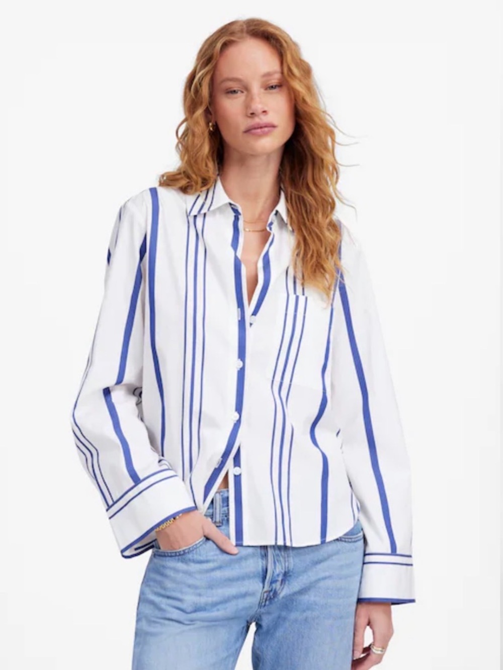 Madewell Blue and White Stripe Easy Y neck Button-Up Shirt, size Small, NWOT